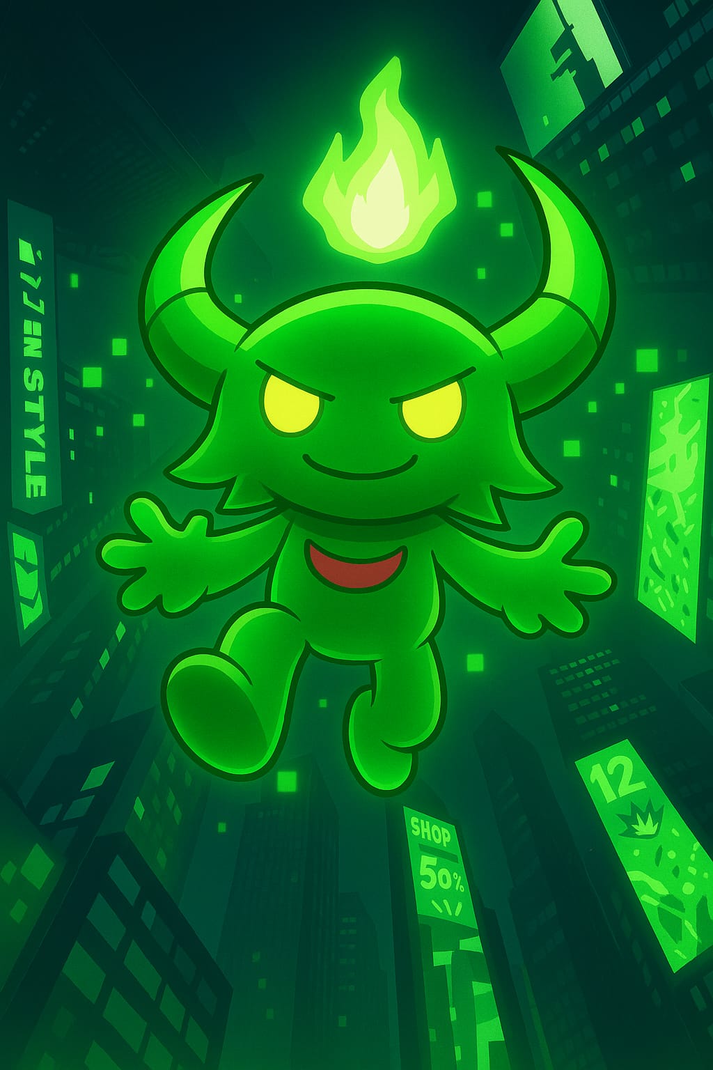 A glowing green glo character